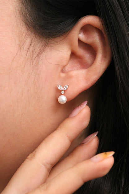Cubic Leaf Pearl Drop Earrings-3