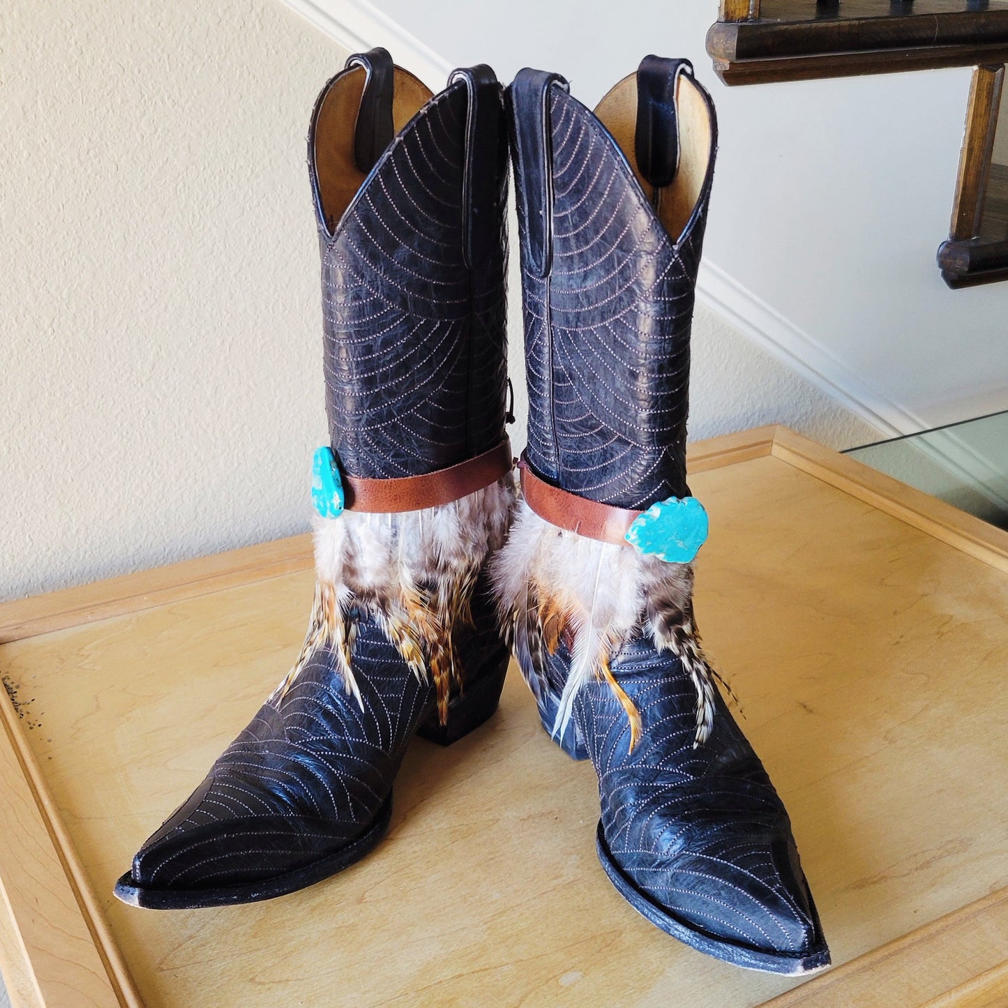 Boho Western Boot Wrap Cuff w/ Feathers & Turquoise 500f-4