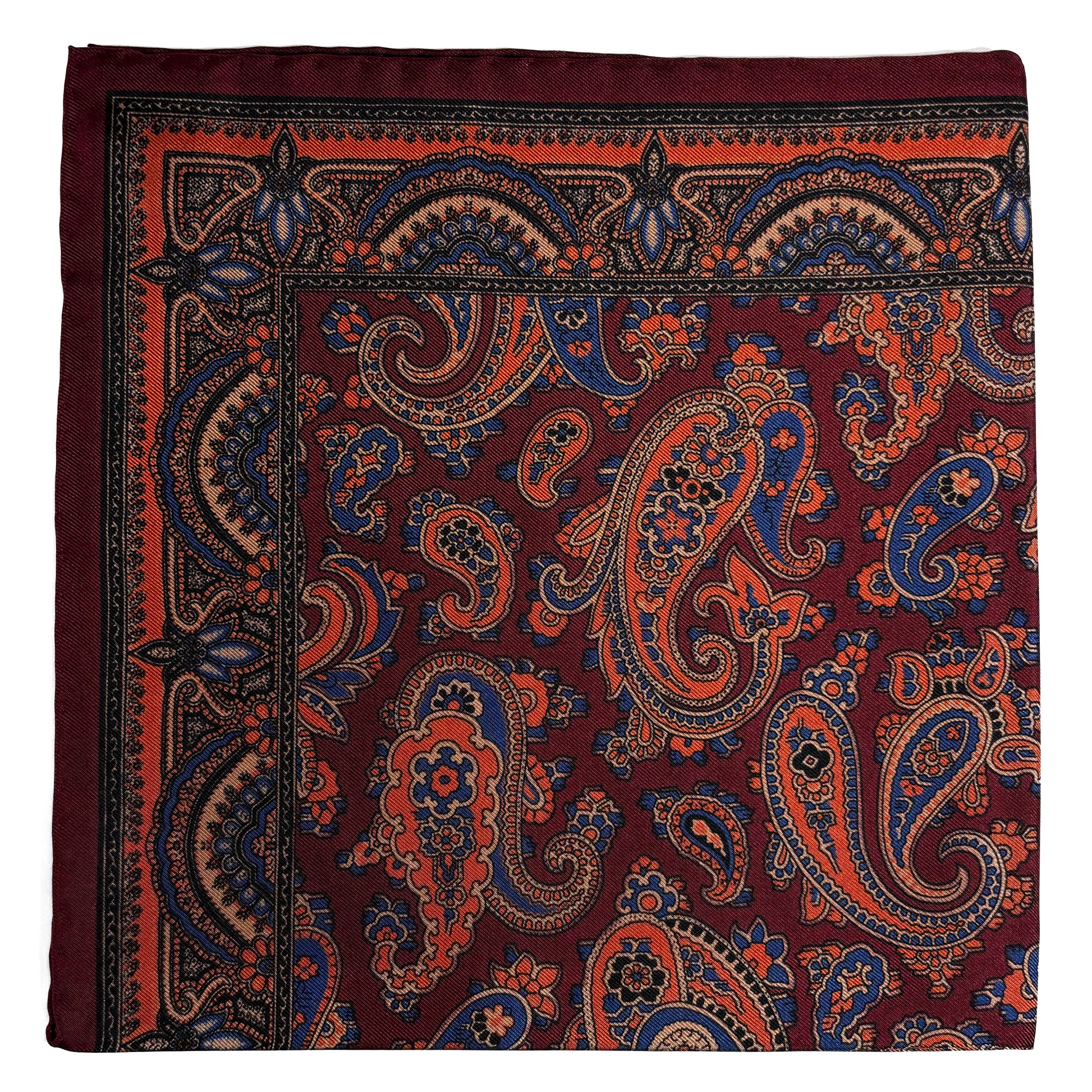 Burgundy & Orange Paisley Ancient Madder Silk Pocket Square-0