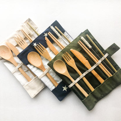 Bamboo Cutlery Set | Zero Waste Reusable | Washable Organic Cotton Travel Pouch & Hemp Cleaning Brush-0