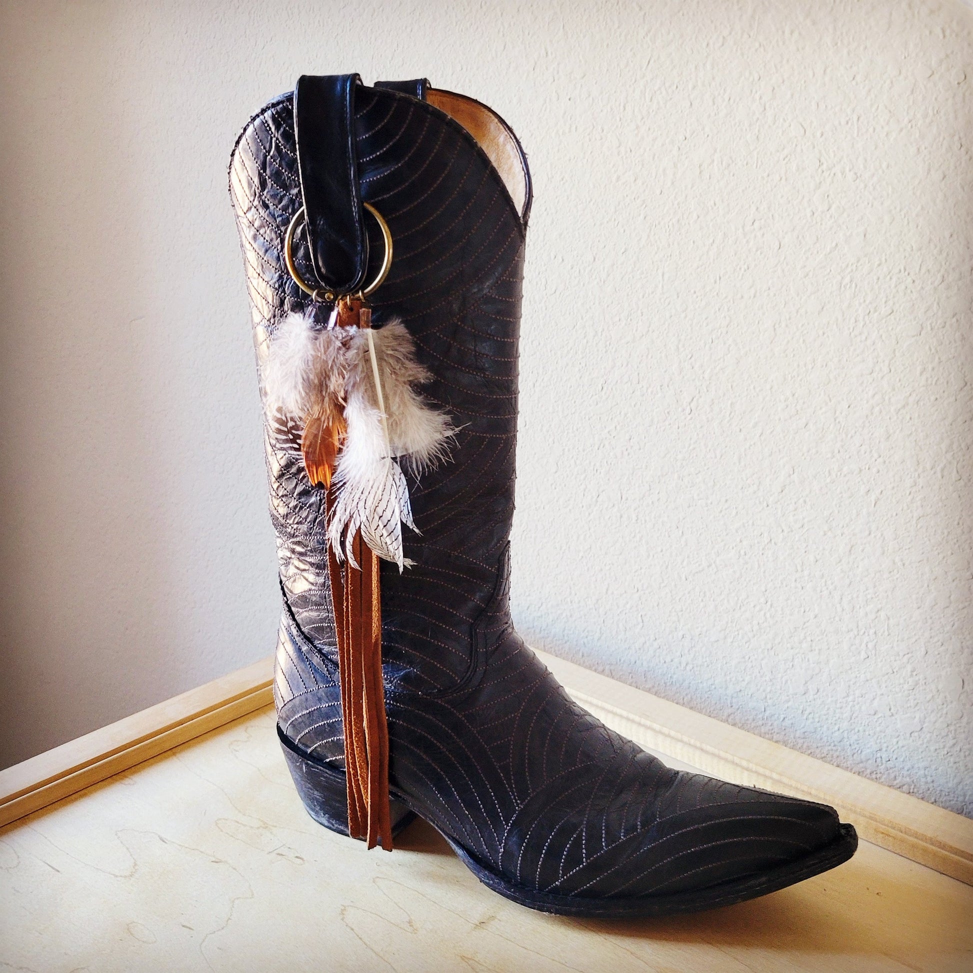 Boho Western Boot Bling Charm with Leather Fringe Cognac 500e-4