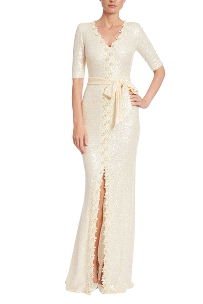 Badgley Mischka Sequined V-Neckline Bodice 3/4 Sleeves Sash Tie Embellished with Rhinestones Crystal Lace Trim Front Slit Back Zipper Gown-0