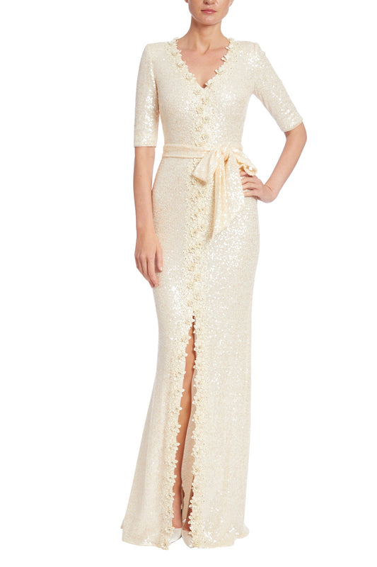Badgley Mischka Sequined V-Neckline Bodice 3/4 Sleeves Sash Tie Embellished with Rhinestones Crystal Lace Trim Front Slit Back Zipper Gown-0