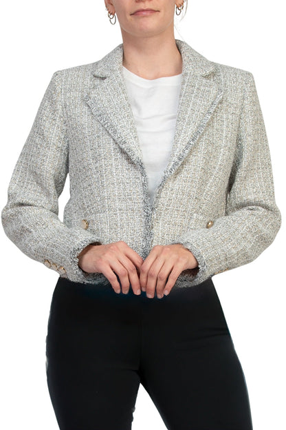 Elie Long Sleeve Tweed Metallic Open-Front Blazer With Patch Pockets With Metal Chain Logo Bar-0