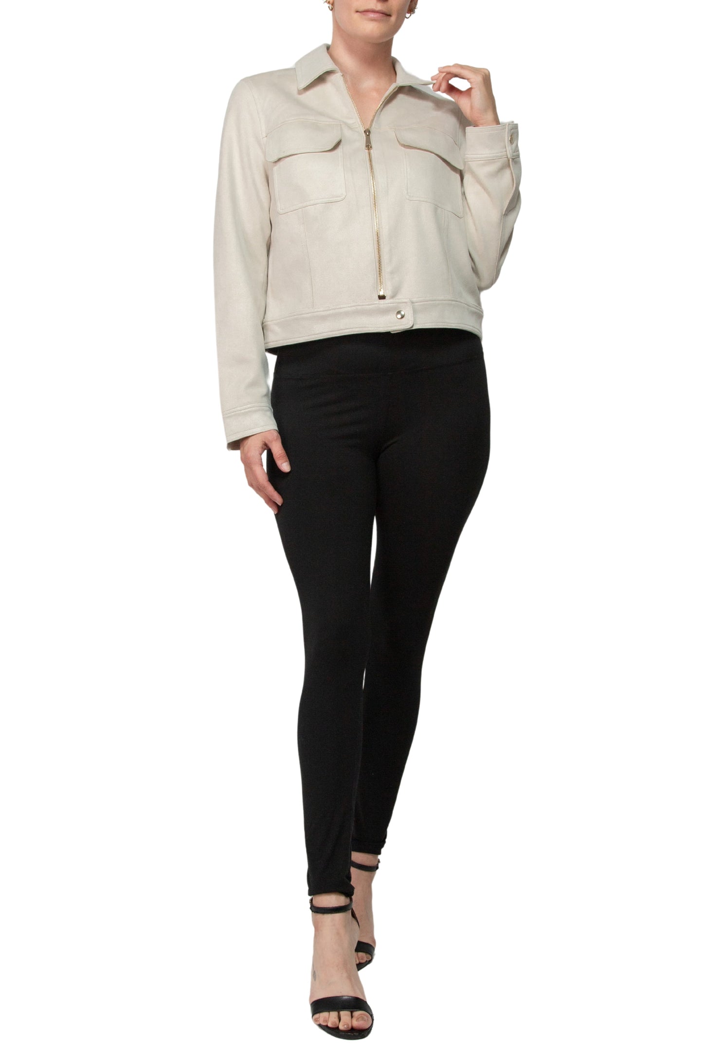 Elie Spread Collar Long Sleeves Chest Pockets Faux Leather Zip Closure Jacket-0