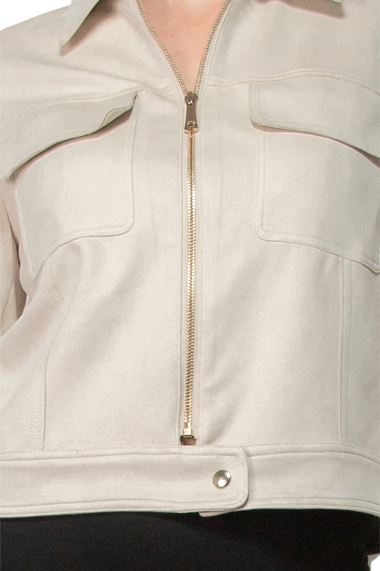 Elie Spread Collar Long Sleeves Chest Pockets Faux Leather Zip Closure Jacket-4