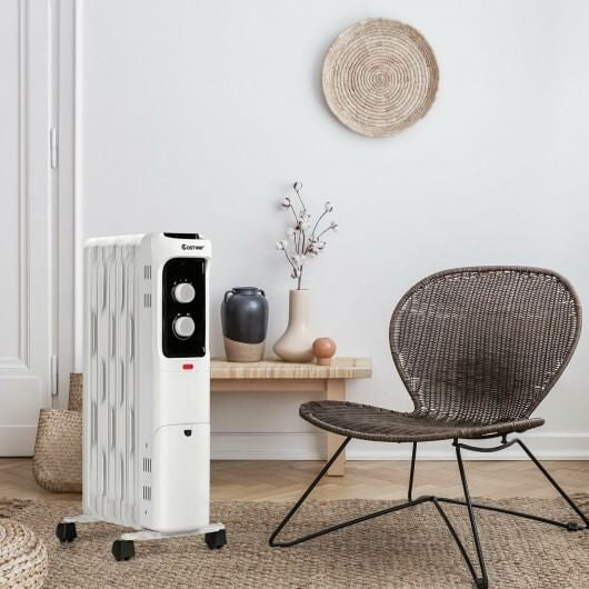 1500W Oil Filled Portable Radiator Space Heater with Adjustable Thermostat-White-0
