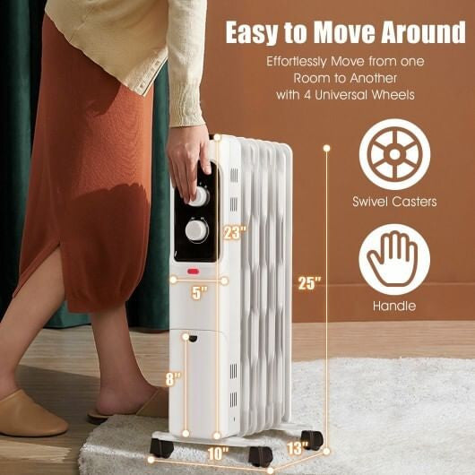 1500W Oil Filled Portable Radiator Space Heater with Adjustable Thermostat-White-3