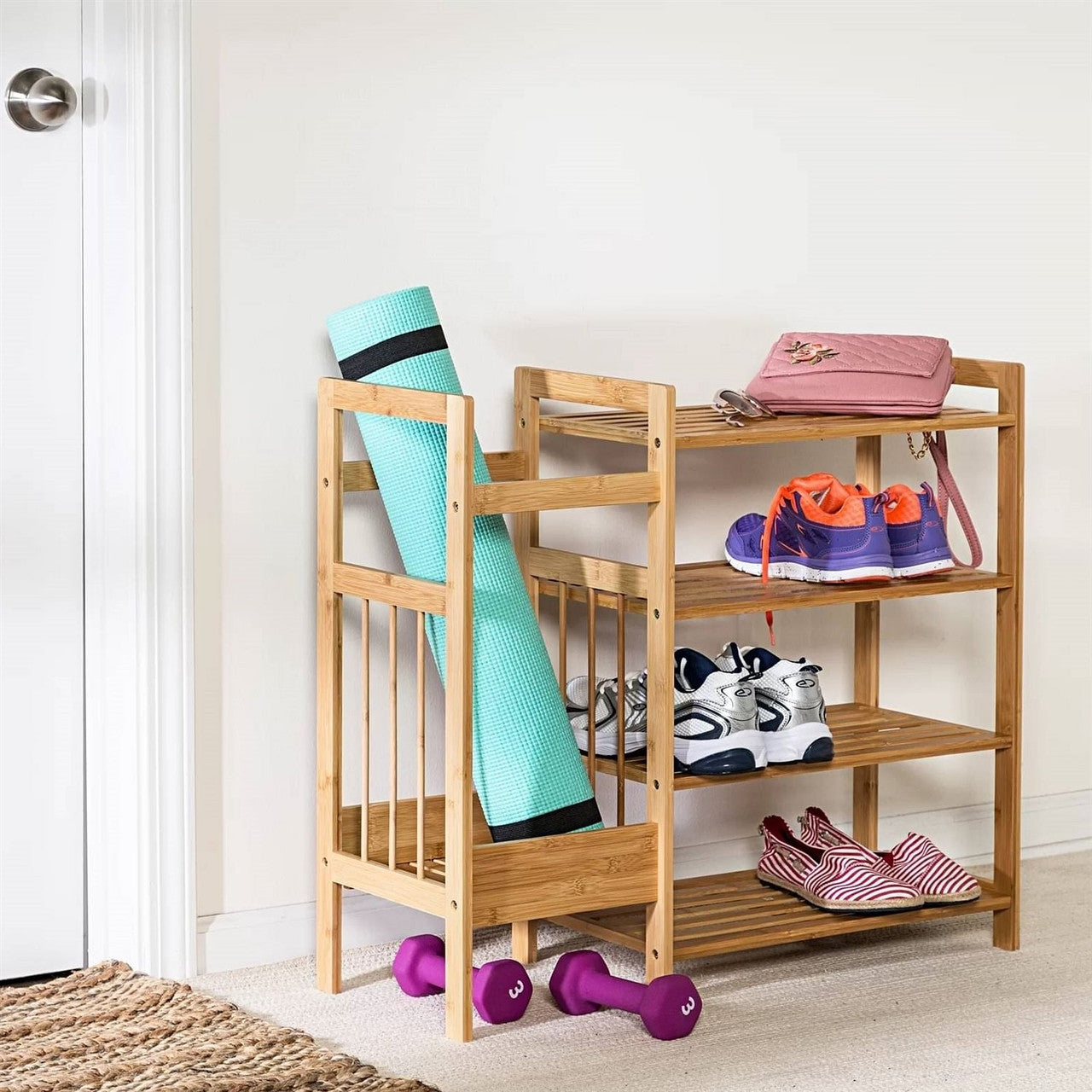 2-Shelf Entryway Shoe Rack Bench with Bla2-in-1 Entryway 4-Shelf Bamboo Shoe Rack and Umbrella Hold-0
