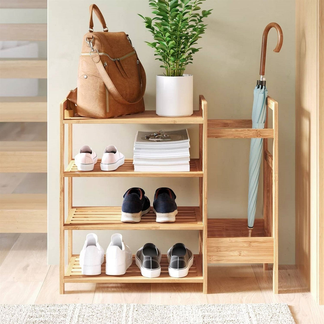 2-Shelf Entryway Shoe Rack Bench with Bla2-in-1 Entryway 4-Shelf Bamboo Shoe Rack and Umbrella Hold-1