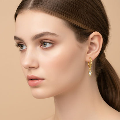 Beaded Geometric Dangle Hoop Earrings – Sterling Silver Gold Plated-0