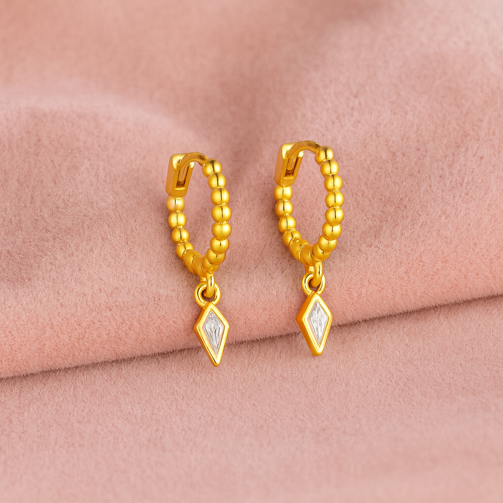 Beaded Geometric Dangle Hoop Earrings – Sterling Silver Gold Plated-2