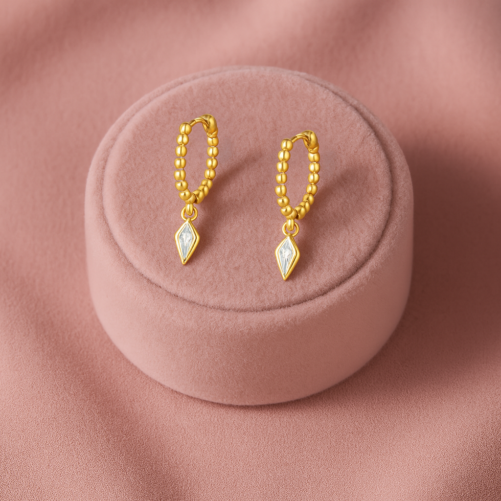 Beaded Geometric Dangle Hoop Earrings – Sterling Silver Gold Plated-3