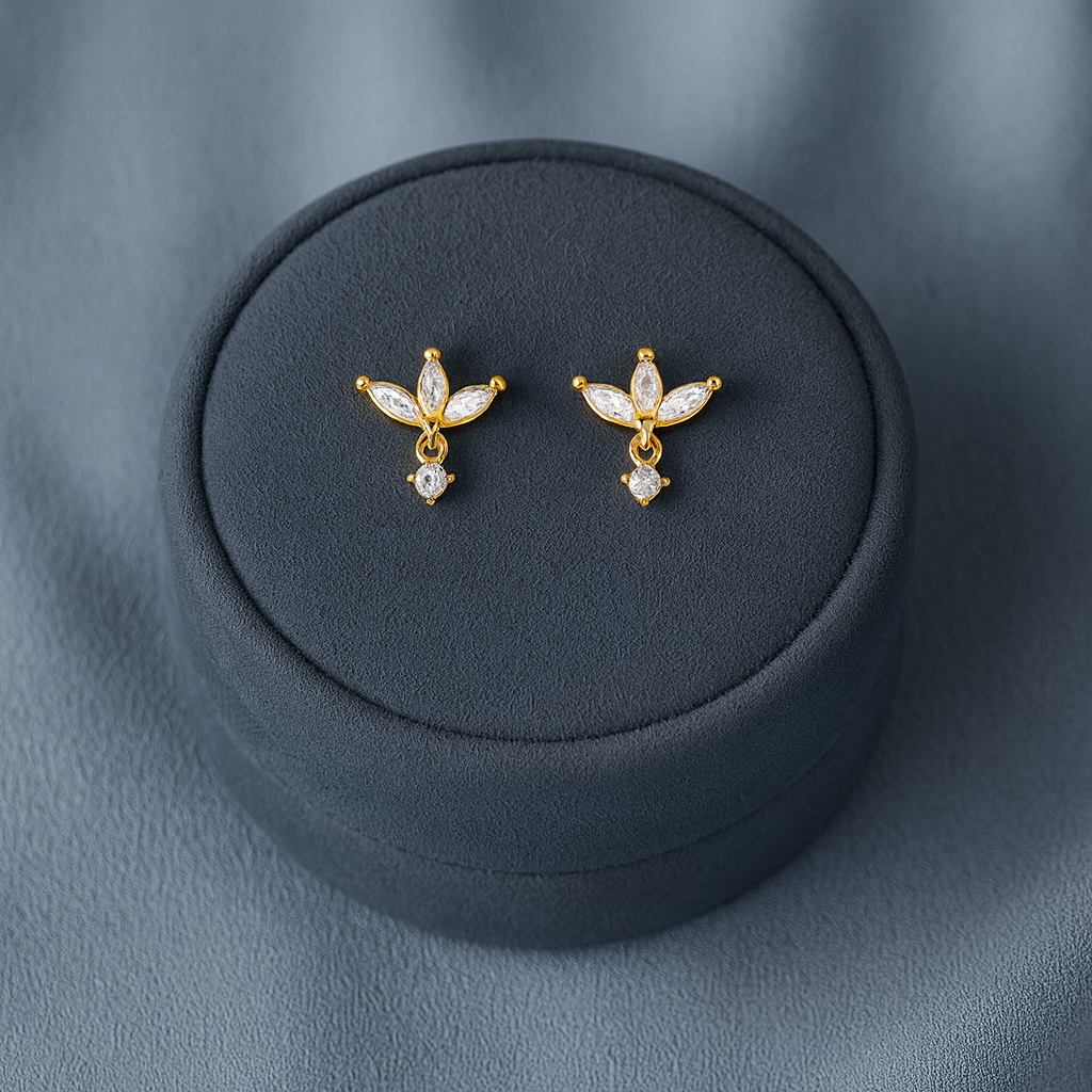 Marquise Cluster Floral Stud Earrings - Sterling Silver Yellow Plated-3