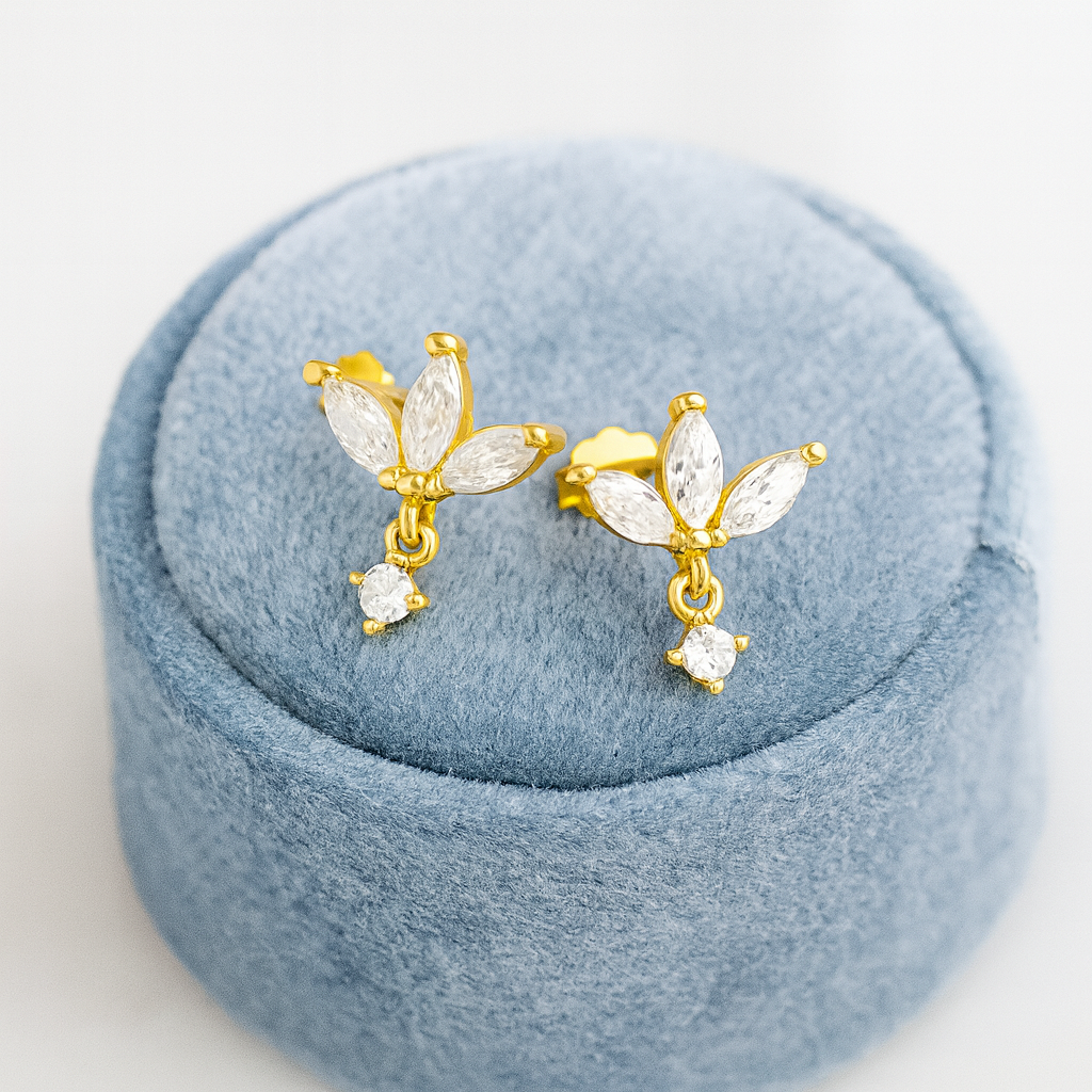 Marquise Cluster Floral Stud Earrings - Sterling Silver Yellow Plated-4