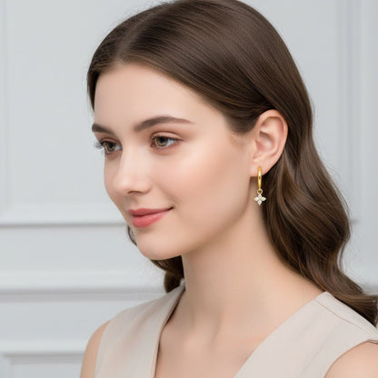 Floral Drop Dangle Huggie Hoop Earrings - Sterling Silver Yellow Plated-1