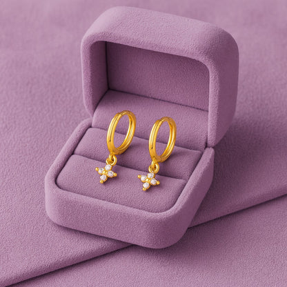 Floral Drop Dangle Huggie Hoop Earrings - Sterling Silver Yellow Plated-2