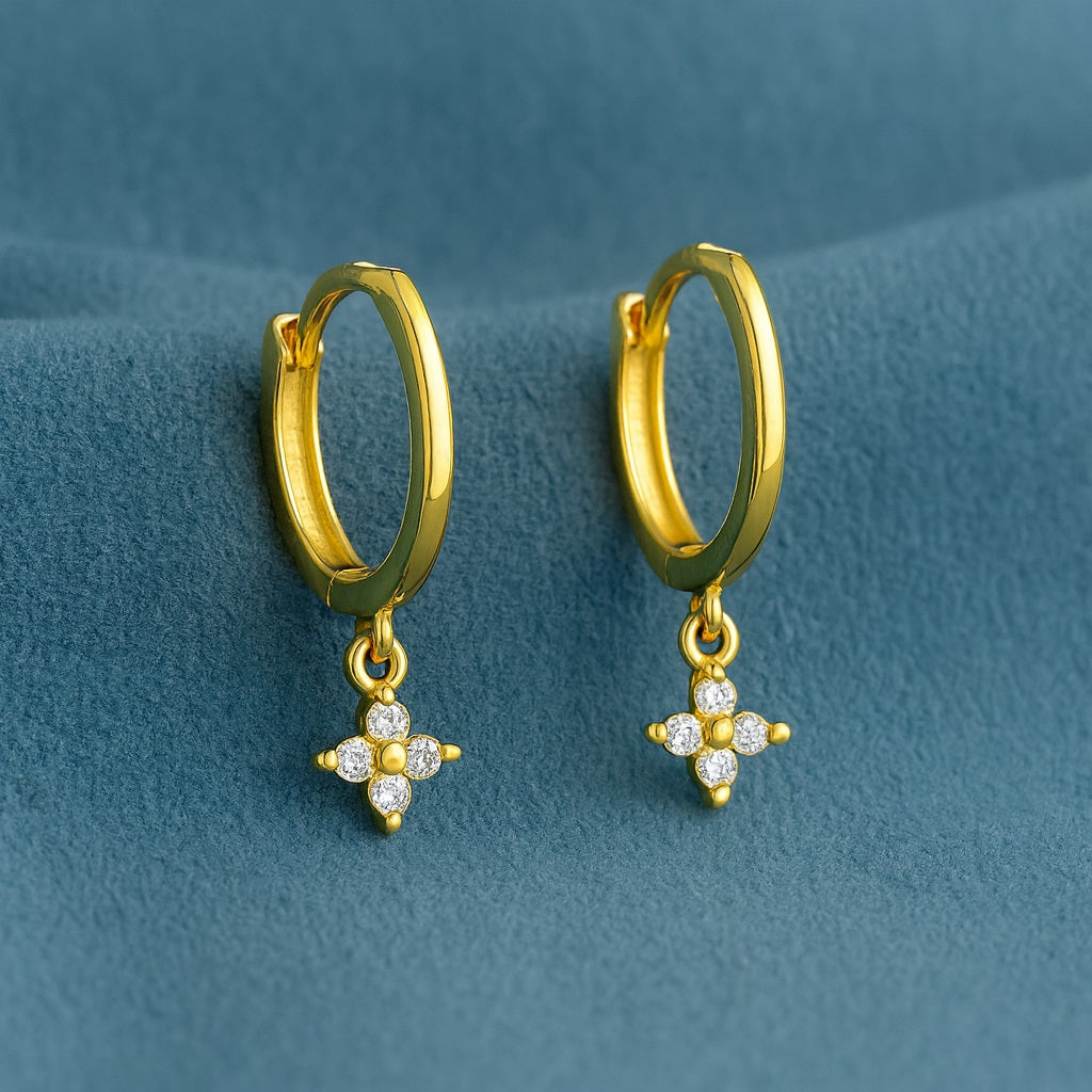 Floral Drop Dangle Huggie Hoop Earrings - Sterling Silver Yellow Plated-3