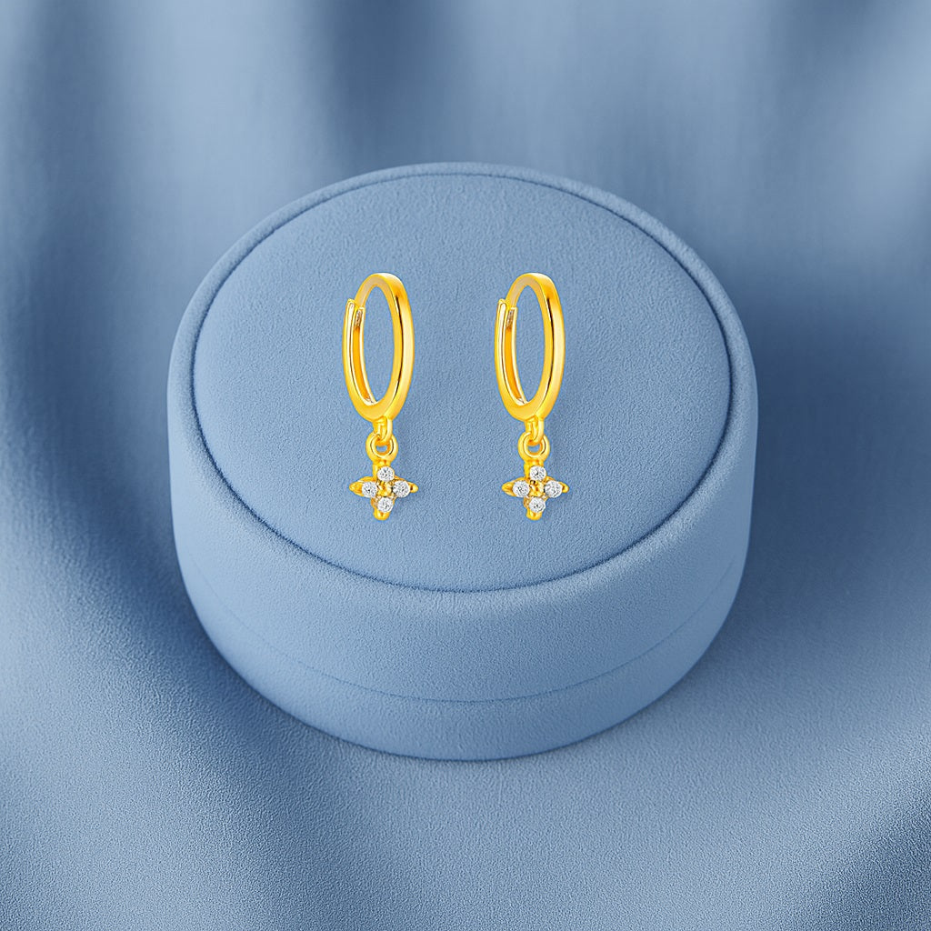 Floral Drop Dangle Huggie Hoop Earrings - Sterling Silver Yellow Plated-4