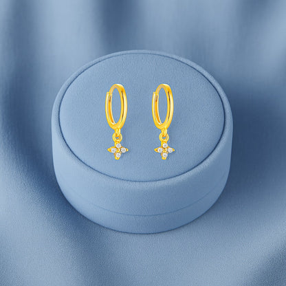 Floral Drop Dangle Huggie Hoop Earrings - Sterling Silver Yellow Plated-4