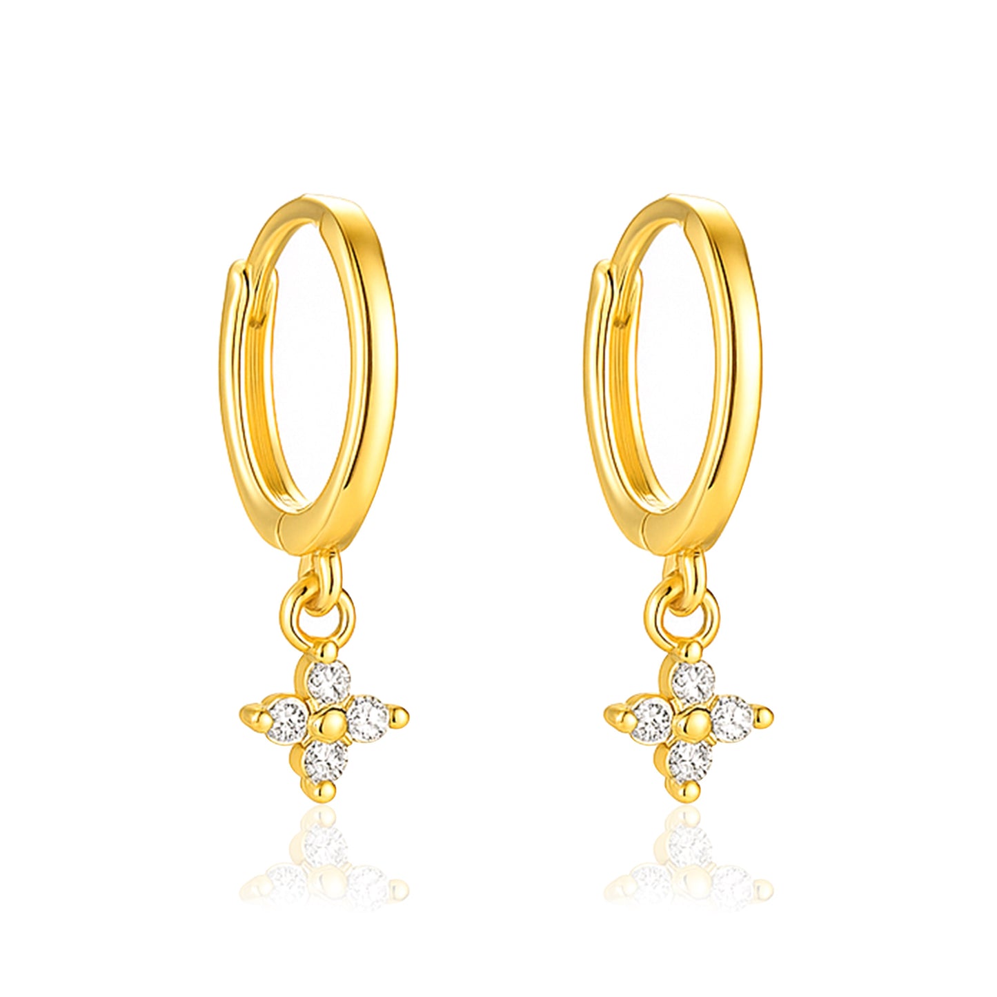 Floral Drop Dangle Huggie Hoop Earrings - Sterling Silver Yellow Plated-0