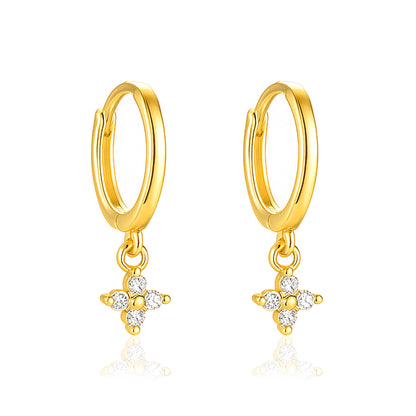 Floral Drop Dangle Huggie Hoop Earrings - Sterling Silver Yellow Plated-0