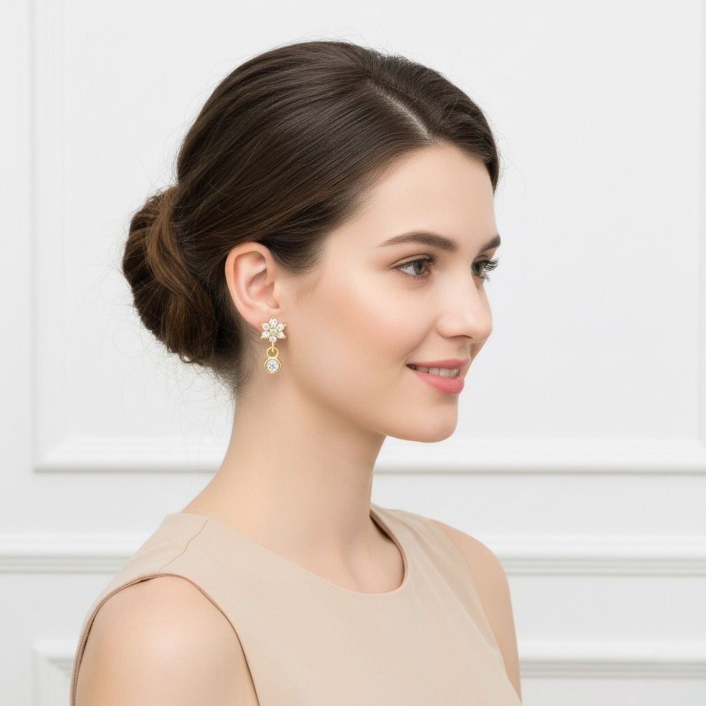 Floral Sparkling Bloom Drop Stud Earrings - Sterling Silver Yellow Plated-1