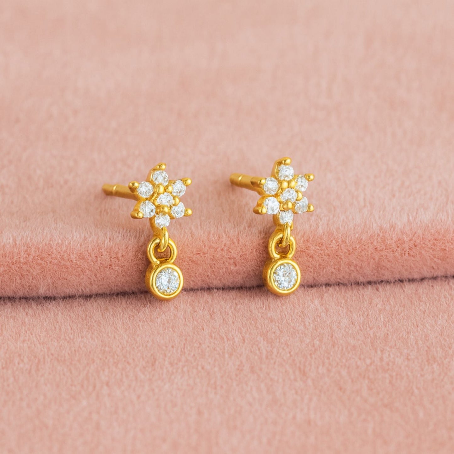 Floral Sparkling Bloom Drop Stud Earrings - Sterling Silver Yellow Plated-2