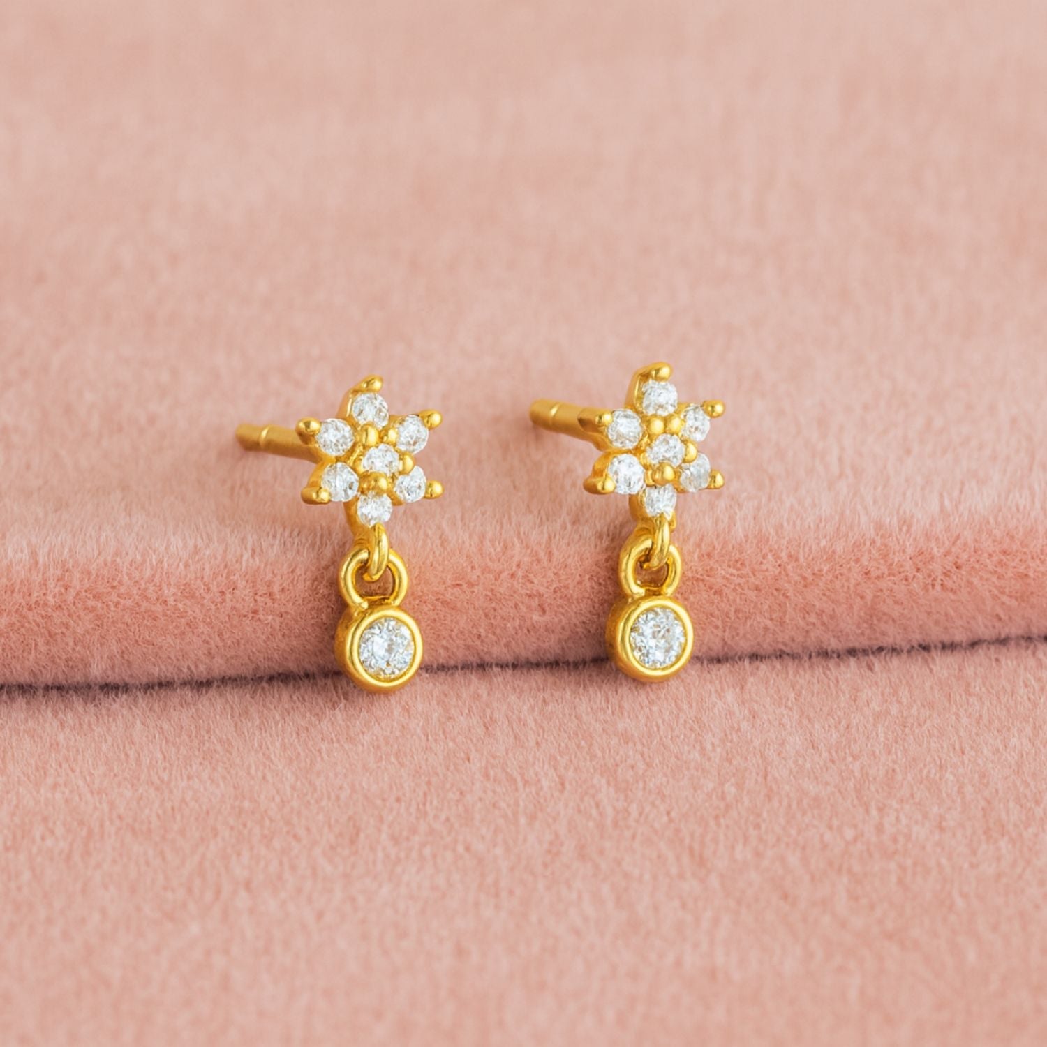 Floral Sparkling Bloom Drop Stud Earrings - Sterling Silver Yellow Plated-2