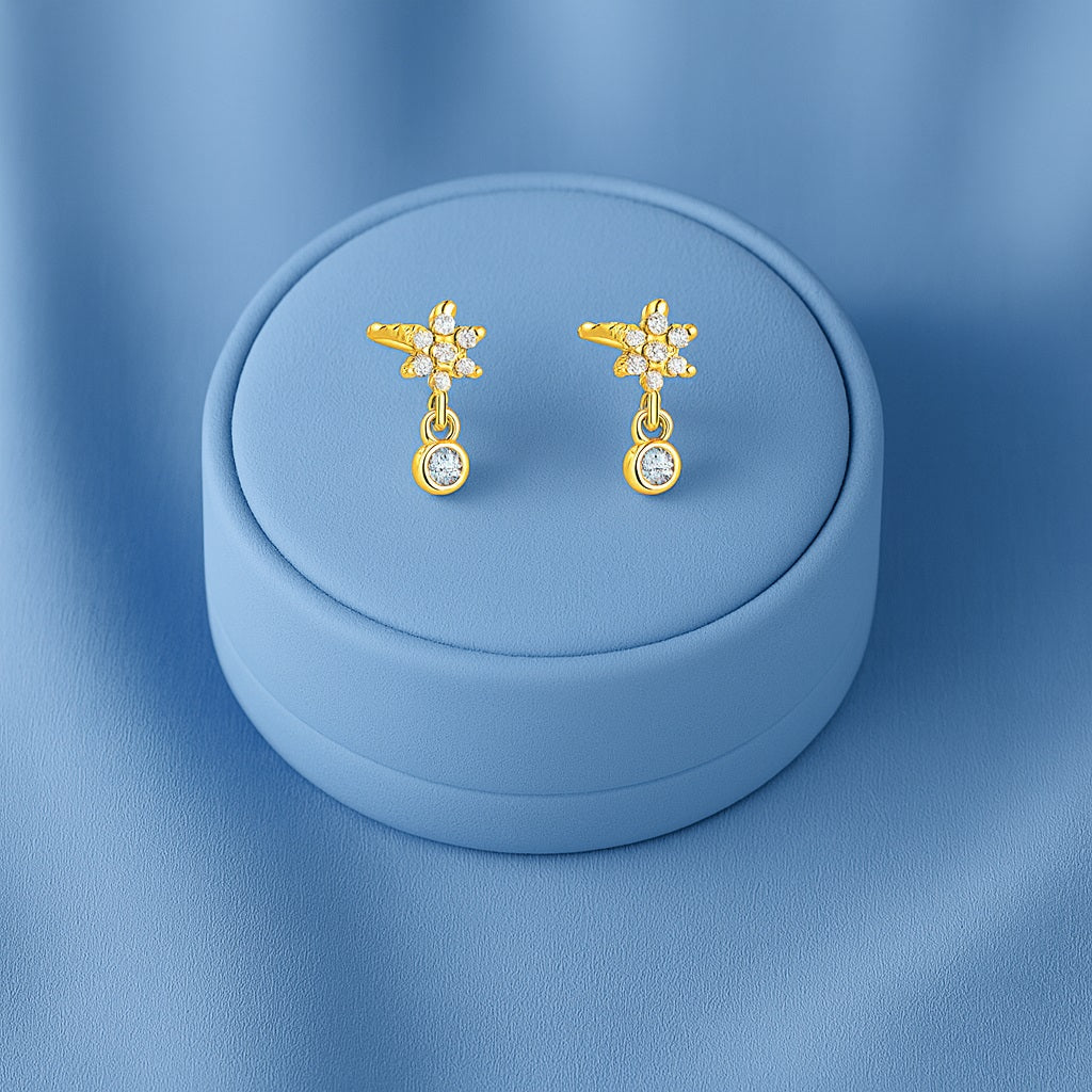 Floral Sparkling Bloom Drop Stud Earrings - Sterling Silver Yellow Plated-3