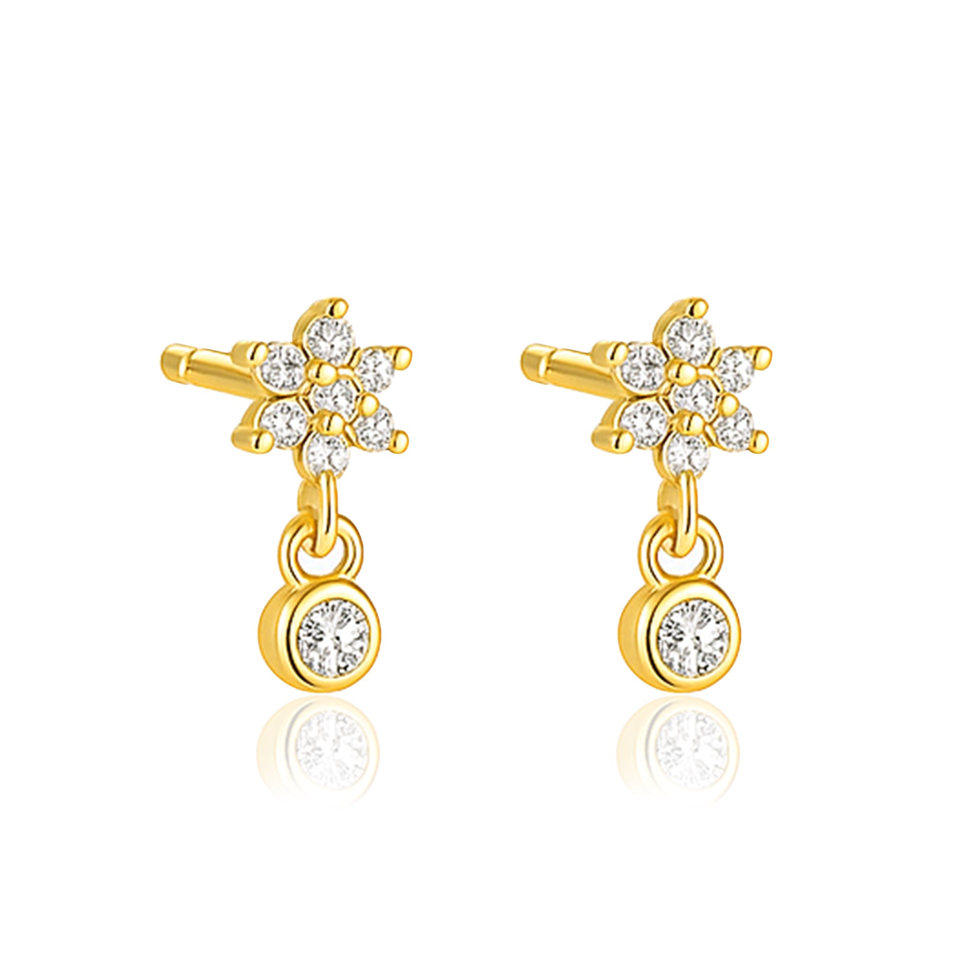 Floral Sparkling Bloom Drop Stud Earrings - Sterling Silver Yellow Plated-0