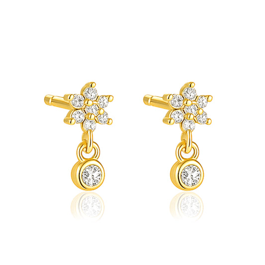 Floral Sparkling Bloom Drop Stud Earrings - Sterling Silver Yellow Plated-0