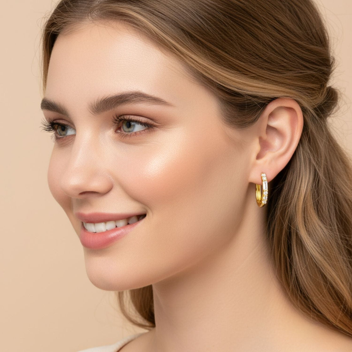 Baguette and Round Stone Huggie Hoop Earrings - Sterling Silver Yellow Plated-1