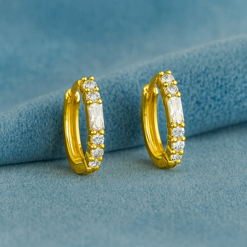 Baguette and Round Stone Huggie Hoop Earrings - Sterling Silver Yellow Plated-2