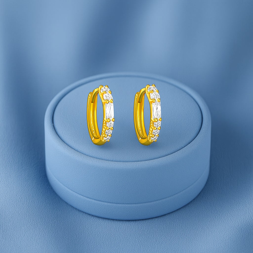 Baguette and Round Stone Huggie Hoop Earrings - Sterling Silver Yellow Plated-3