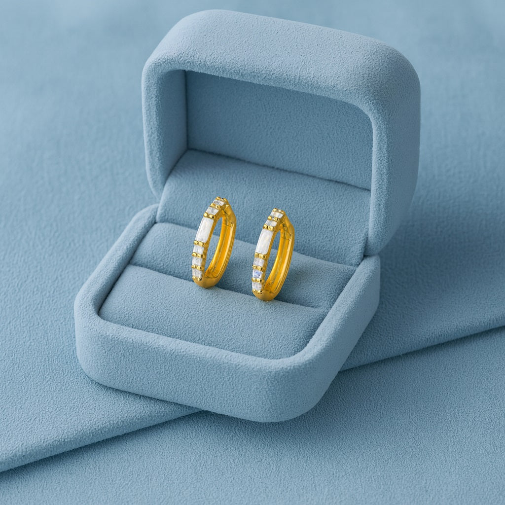 Baguette and Round Stone Huggie Hoop Earrings - Sterling Silver Yellow Plated-4
