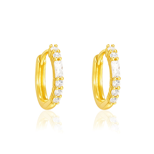 Baguette and Round Stone Huggie Hoop Earrings - Sterling Silver Yellow Plated-0
