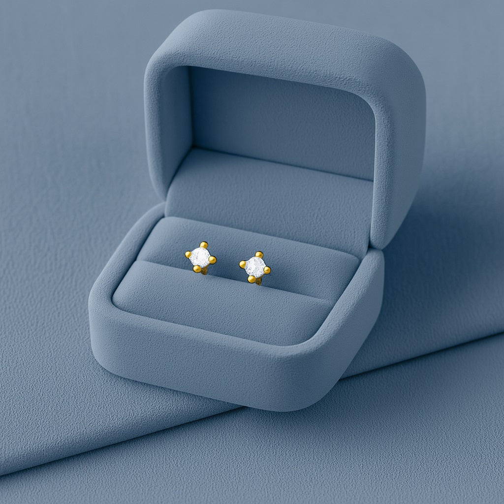 Classic Round Solitaire Stud Earrings - Sterling Silver Yellow Plated-3