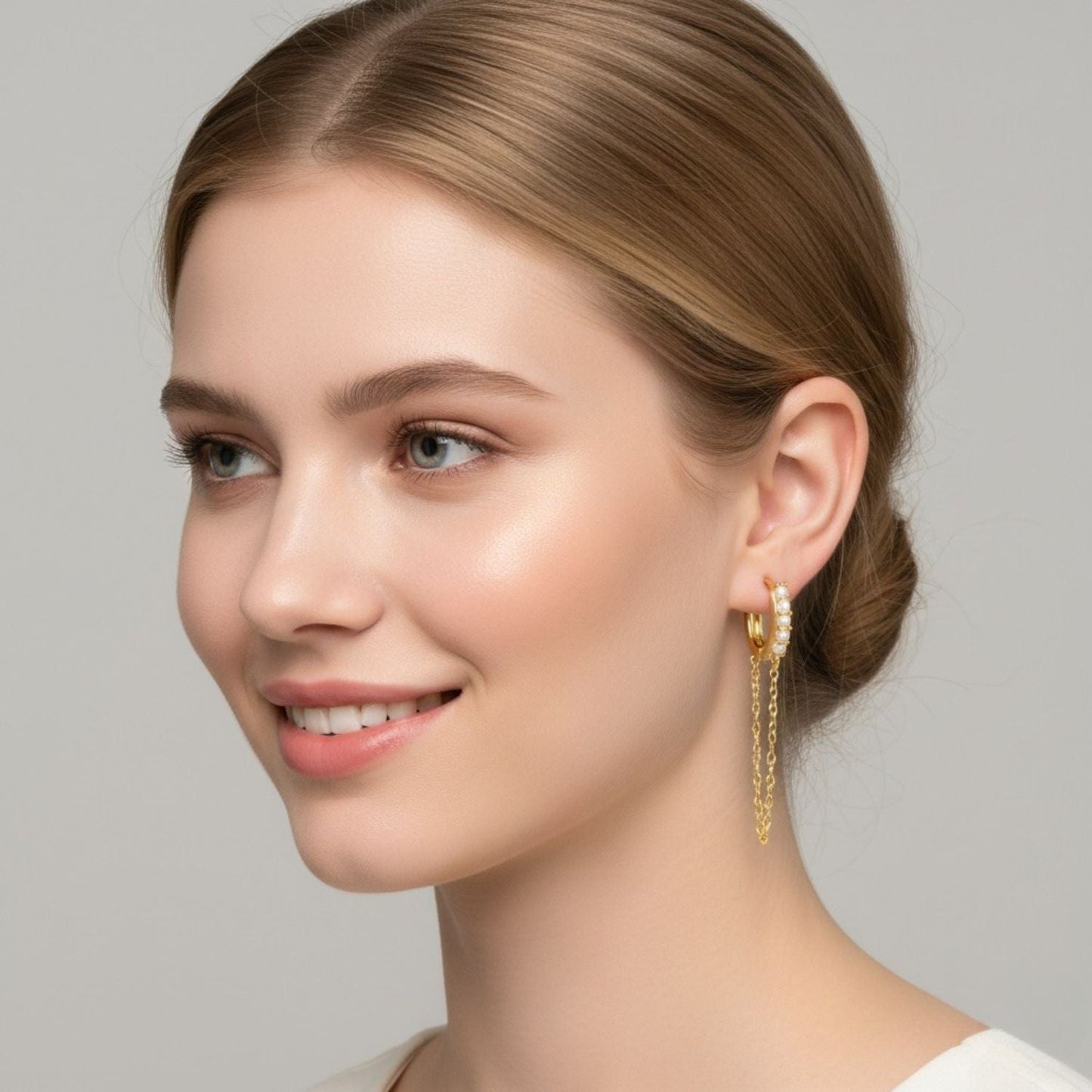 Dual Dangle Pearl Chain Huggie Hoop Earrings - Sterling Silver Yellow Plated-1