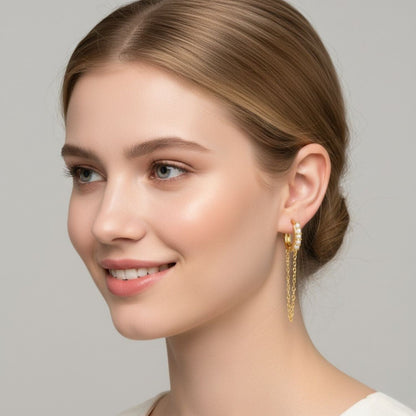 Dual Dangle Pearl Chain Huggie Hoop Earrings - Sterling Silver Yellow Plated-1