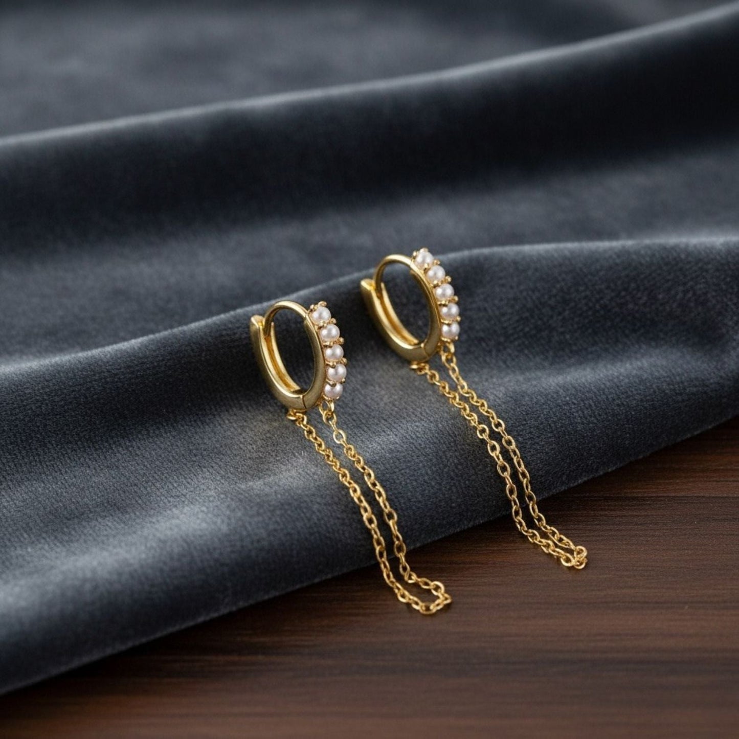 Dual Dangle Pearl Chain Huggie Hoop Earrings - Sterling Silver Yellow Plated-2