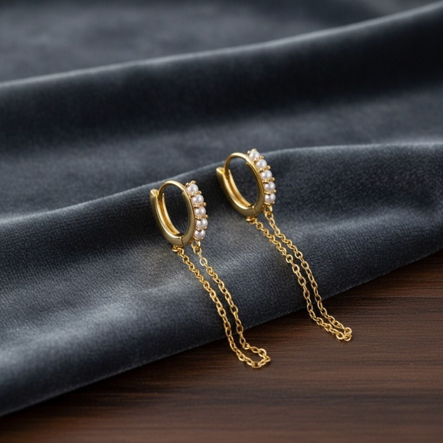 Dual Dangle Pearl Chain Huggie Hoop Earrings - Sterling Silver Yellow Plated-2