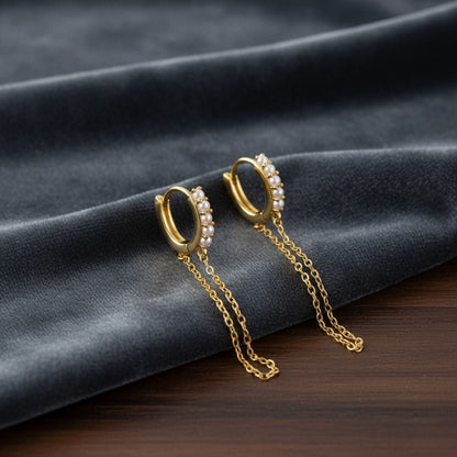 Dual Dangle Pearl Chain Huggie Hoop Earrings - Sterling Silver Yellow Plated-2