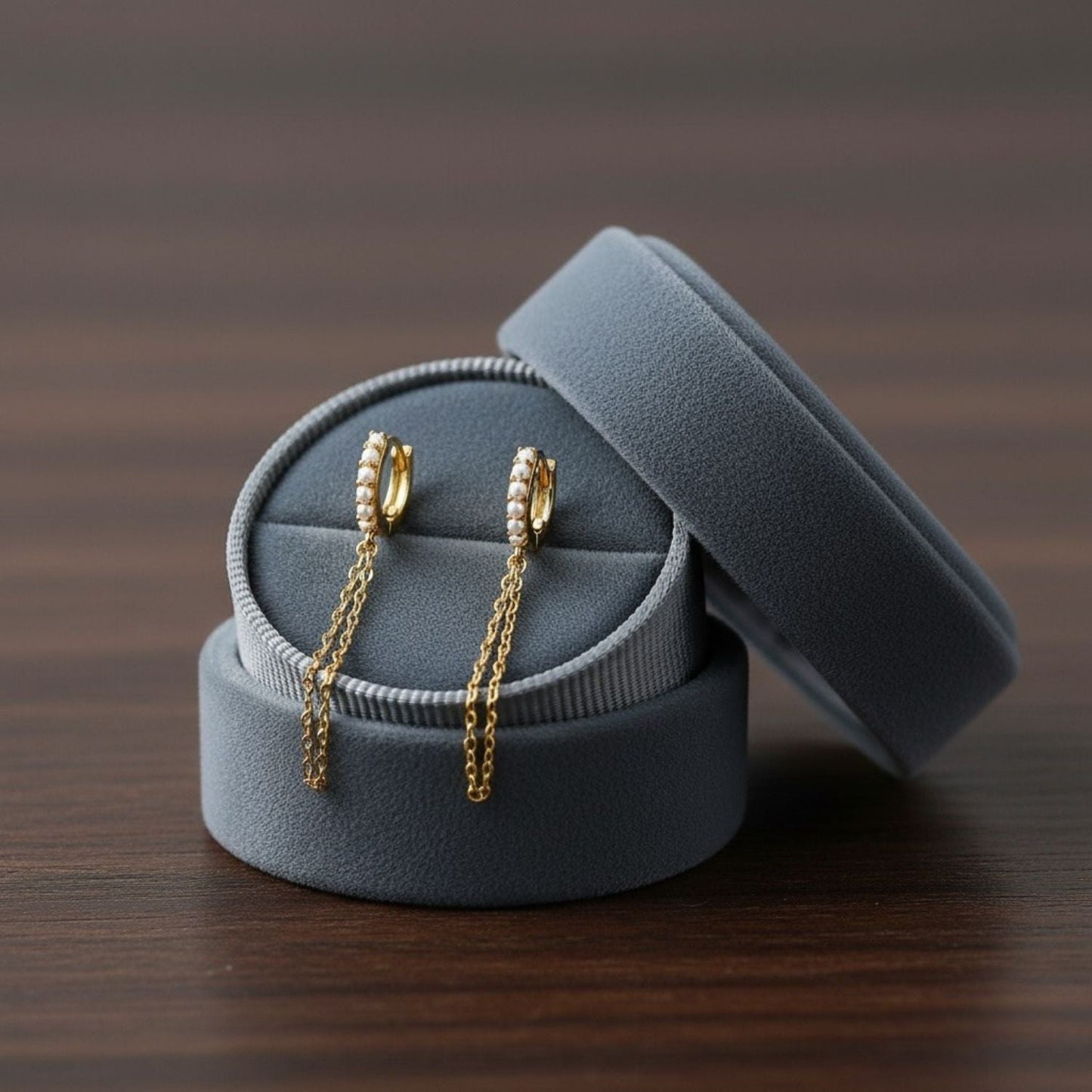 Dual Dangle Pearl Chain Huggie Hoop Earrings - Sterling Silver Yellow Plated-3