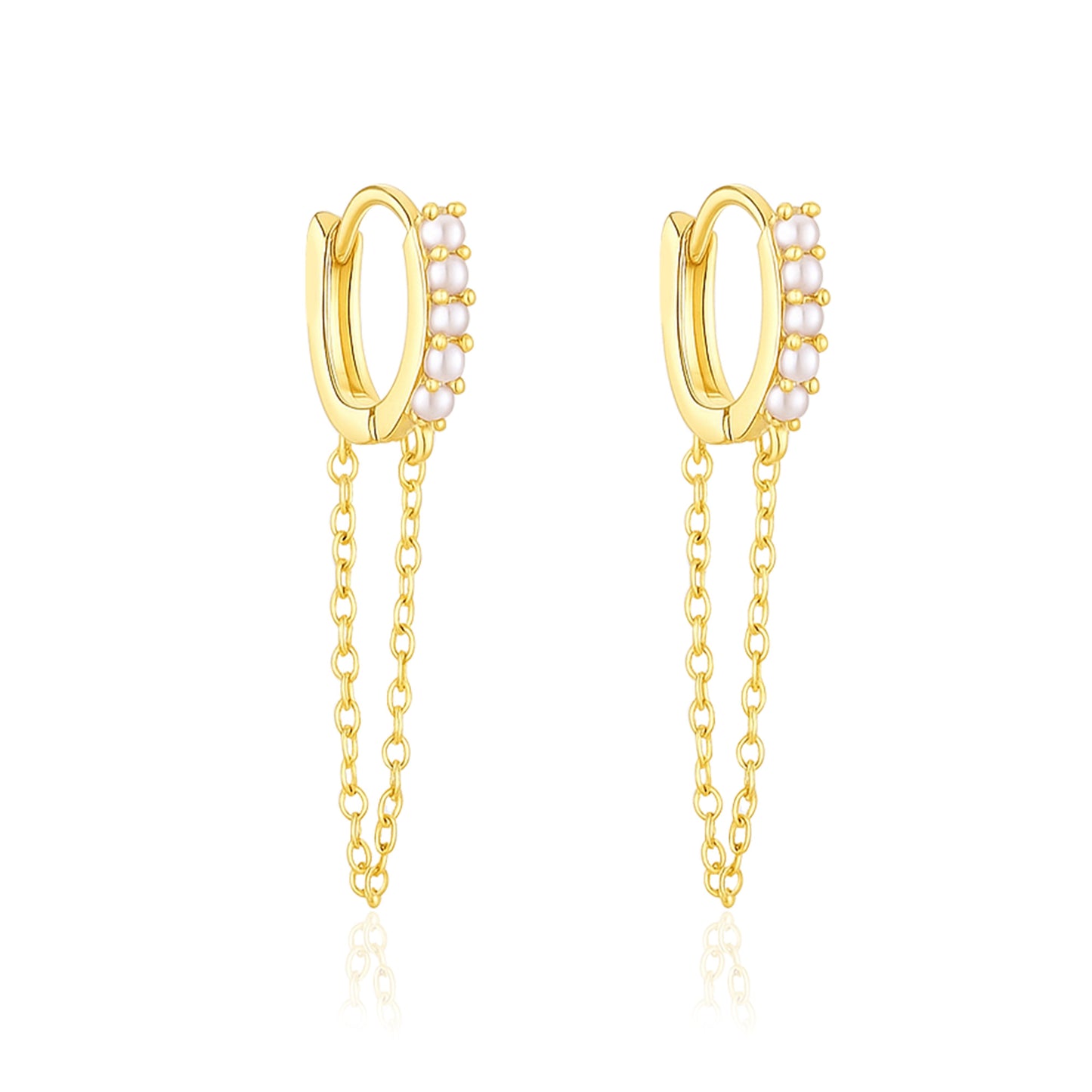 Dual Dangle Pearl Chain Huggie Hoop Earrings - Sterling Silver Yellow Plated-0