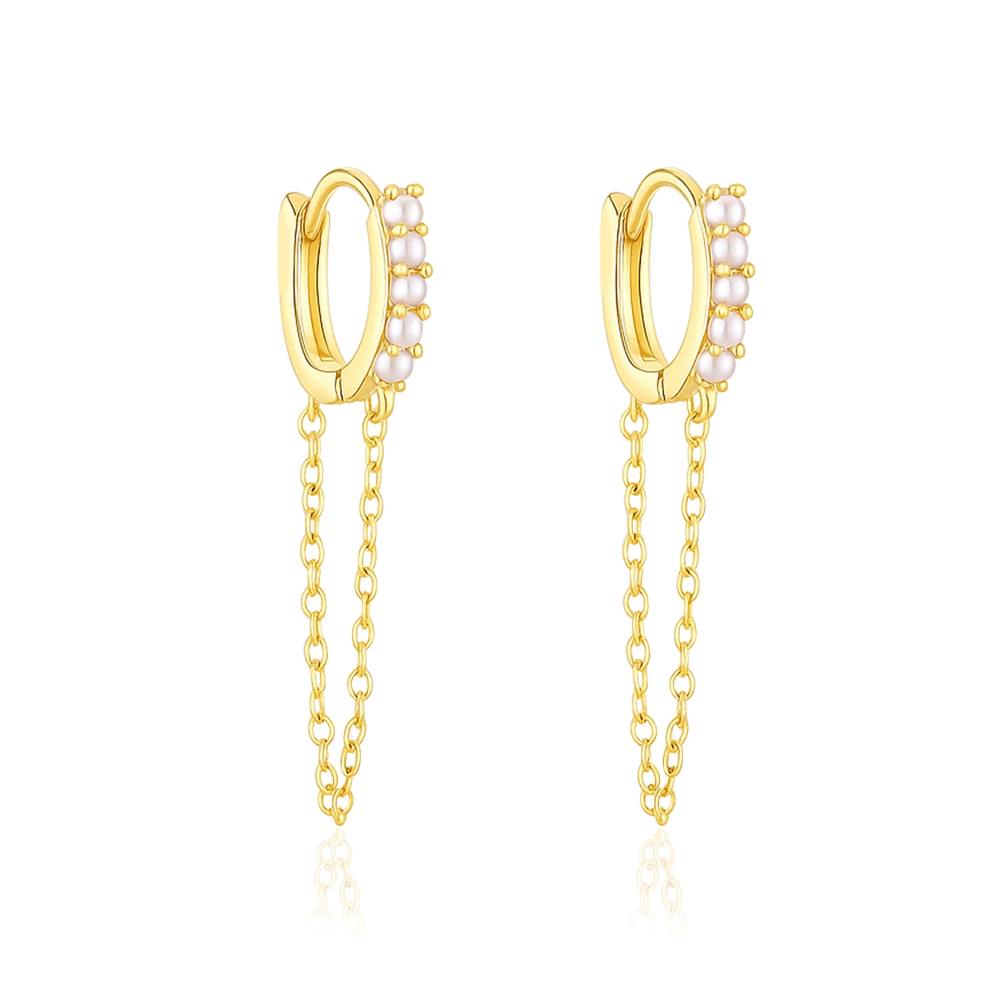 Dual Dangle Pearl Chain Huggie Hoop Earrings - Sterling Silver Yellow Plated-0