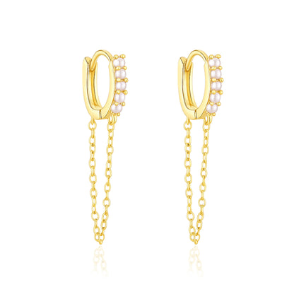 Dual Dangle Pearl Chain Huggie Hoop Earrings - Sterling Silver Yellow Plated-0