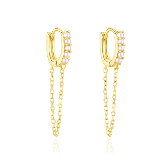Dual Dangle Pearl Chain Huggie Hoop Earrings - Sterling Silver Yellow Plated-0