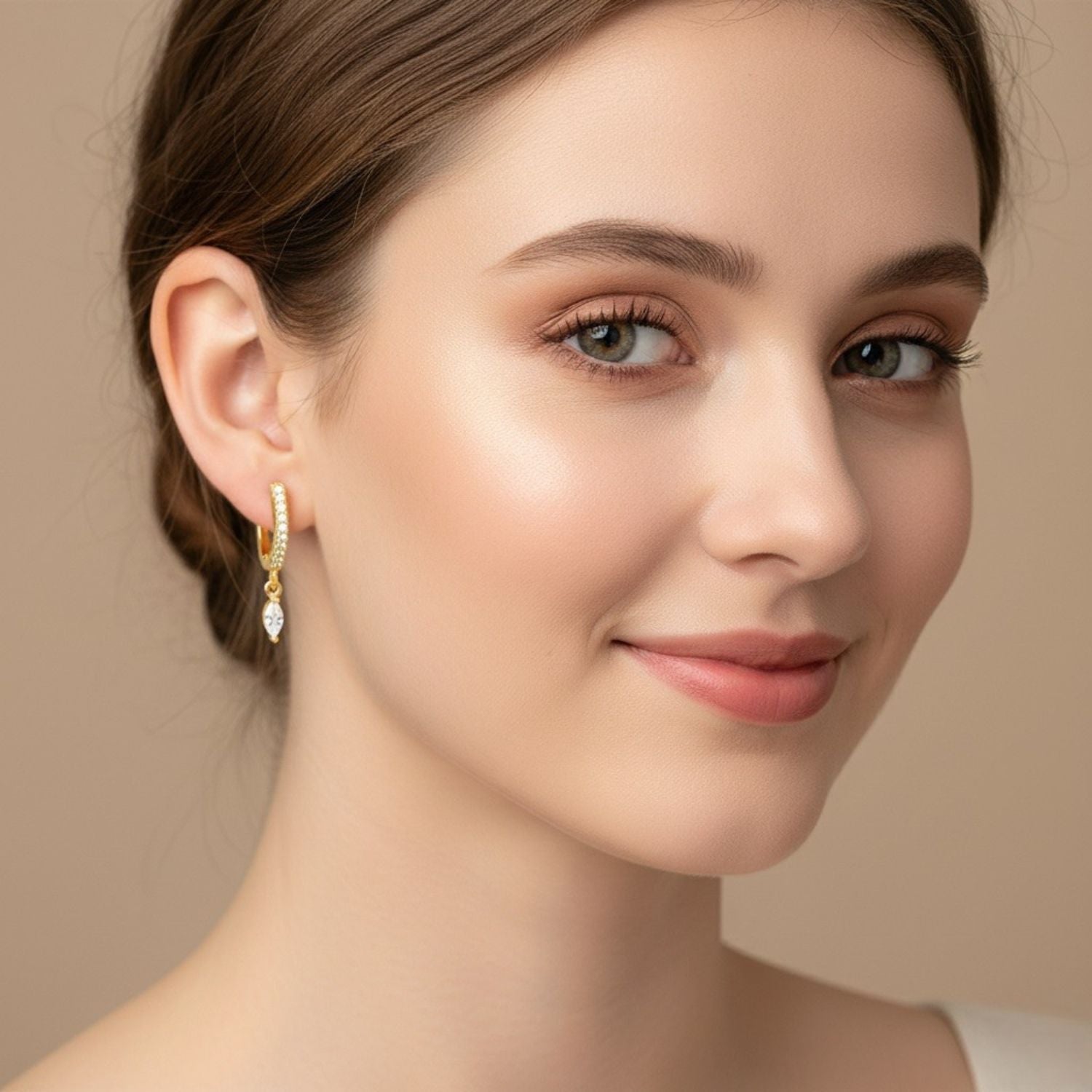 Marquise Drop Huggie Hoop Earrings - Sterling Silver Yellow Plated-1