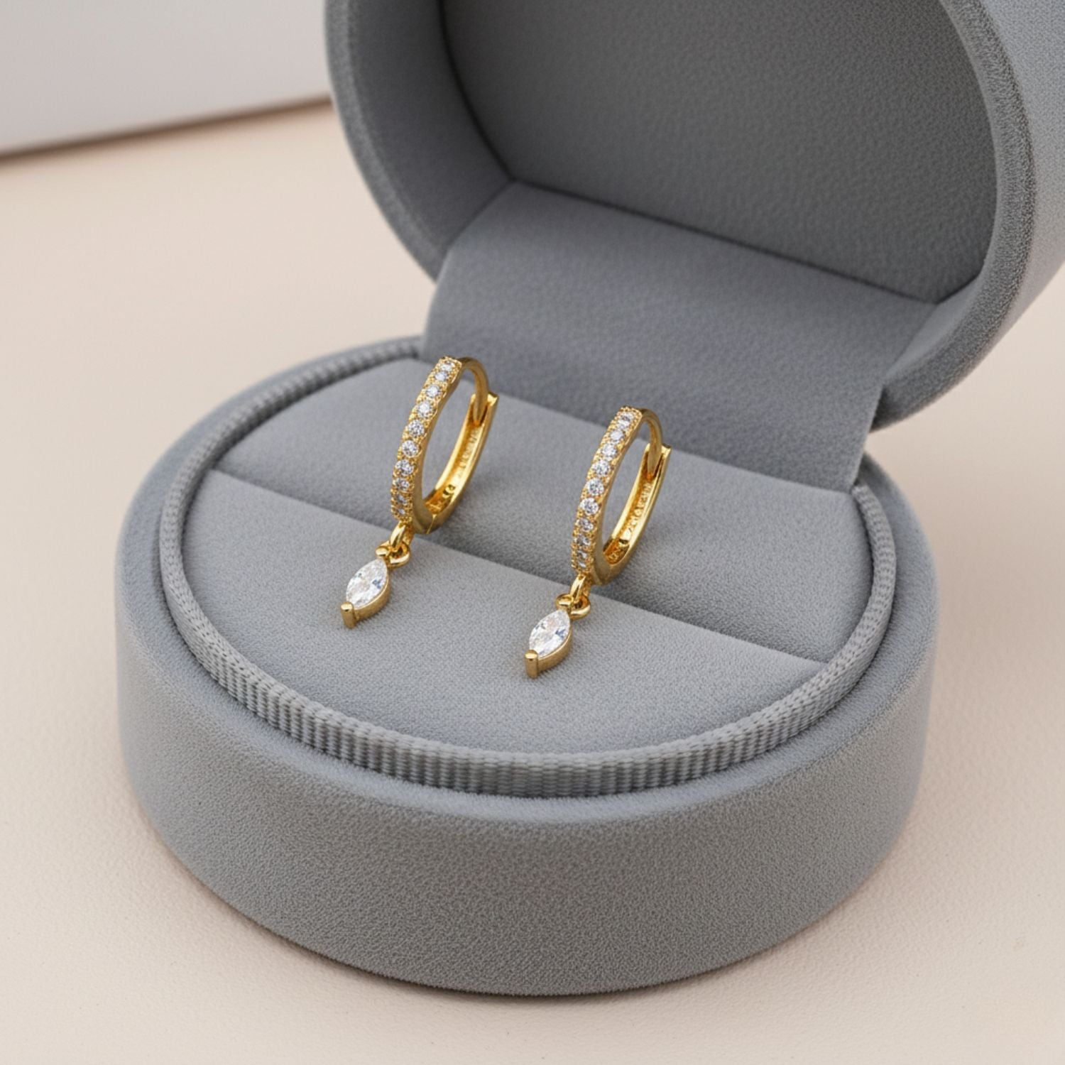 Marquise Drop Huggie Hoop Earrings - Sterling Silver Yellow Plated-2